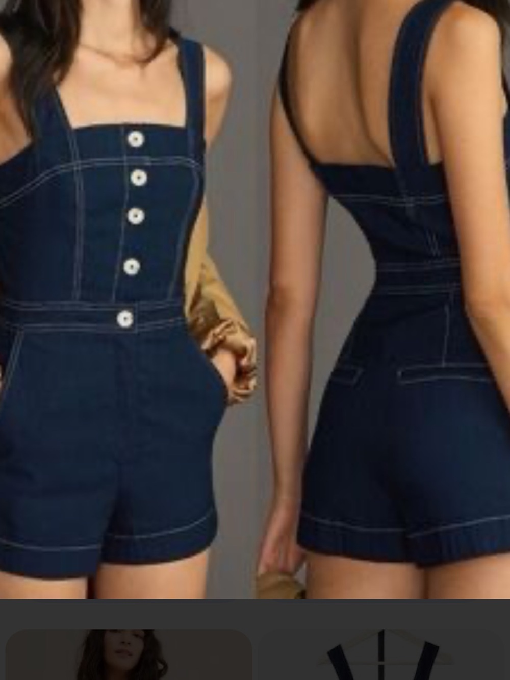 Anthropologie Maeve Navy Denim Romper with White Topstitching